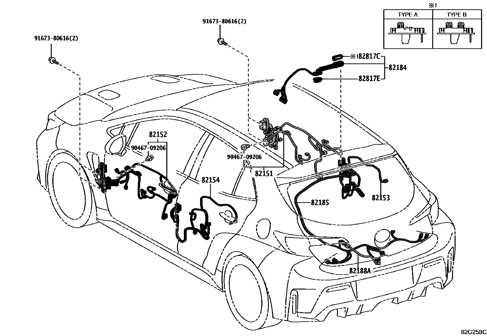 Toyota COROLLA 线束和卡夹 EPC diagram — 82G258C