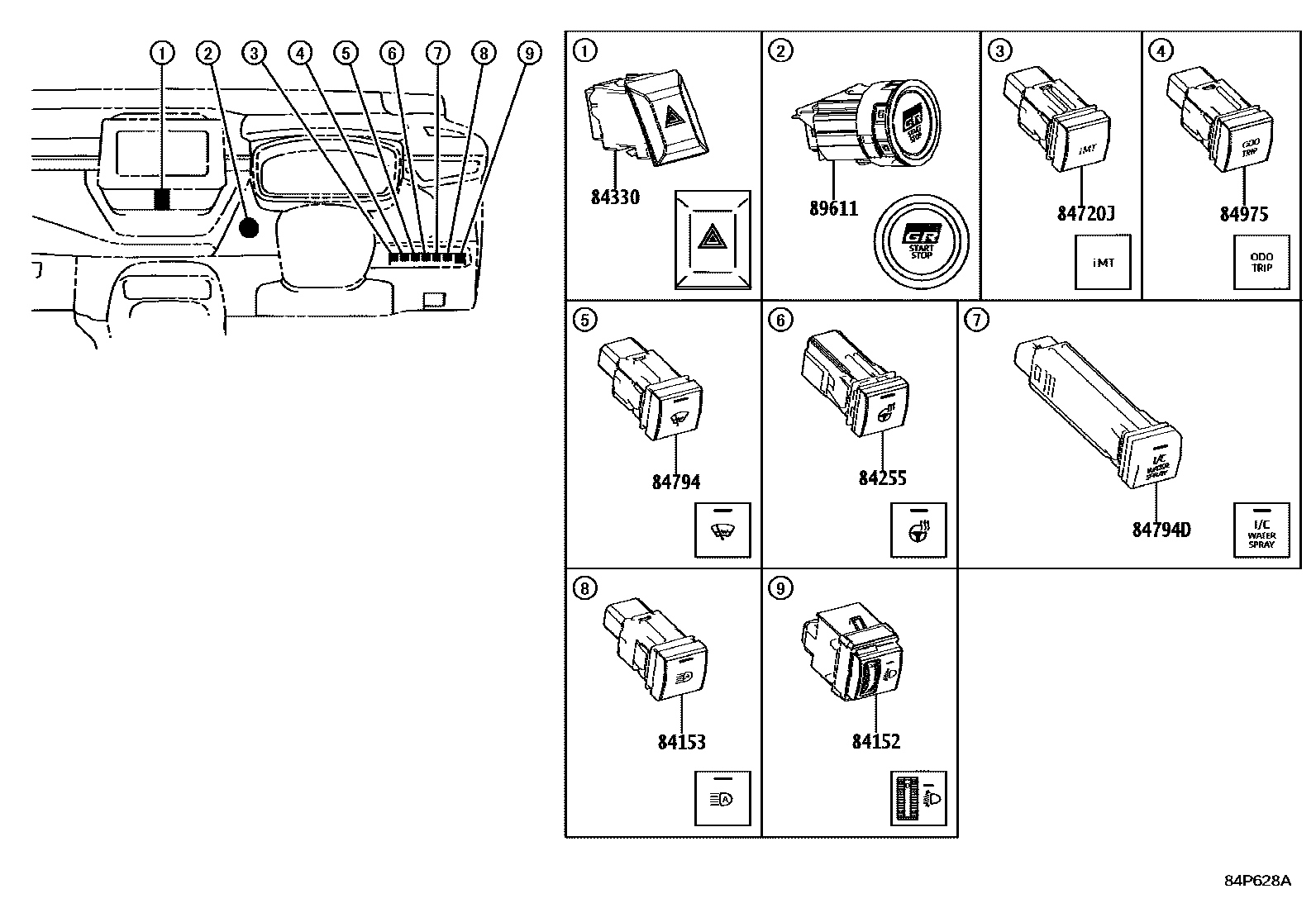Toyota COROLLA 开关和继电器和ECU EPC diagram — 84P628A