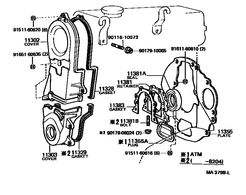 Toyota COROLLA Timing Gear Cover & Rear End Plate EPC diagram — MA3798L