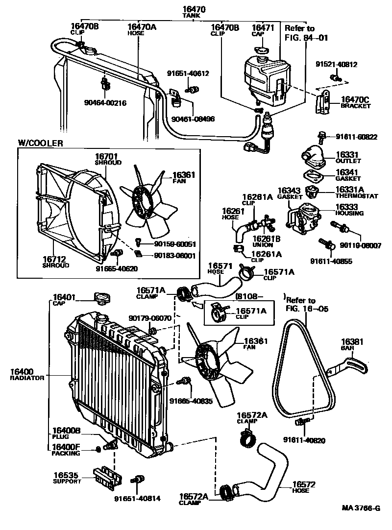 Toyota COROLLA RADIATOR & WATER OUTLET EPC diagram — MA3766G
