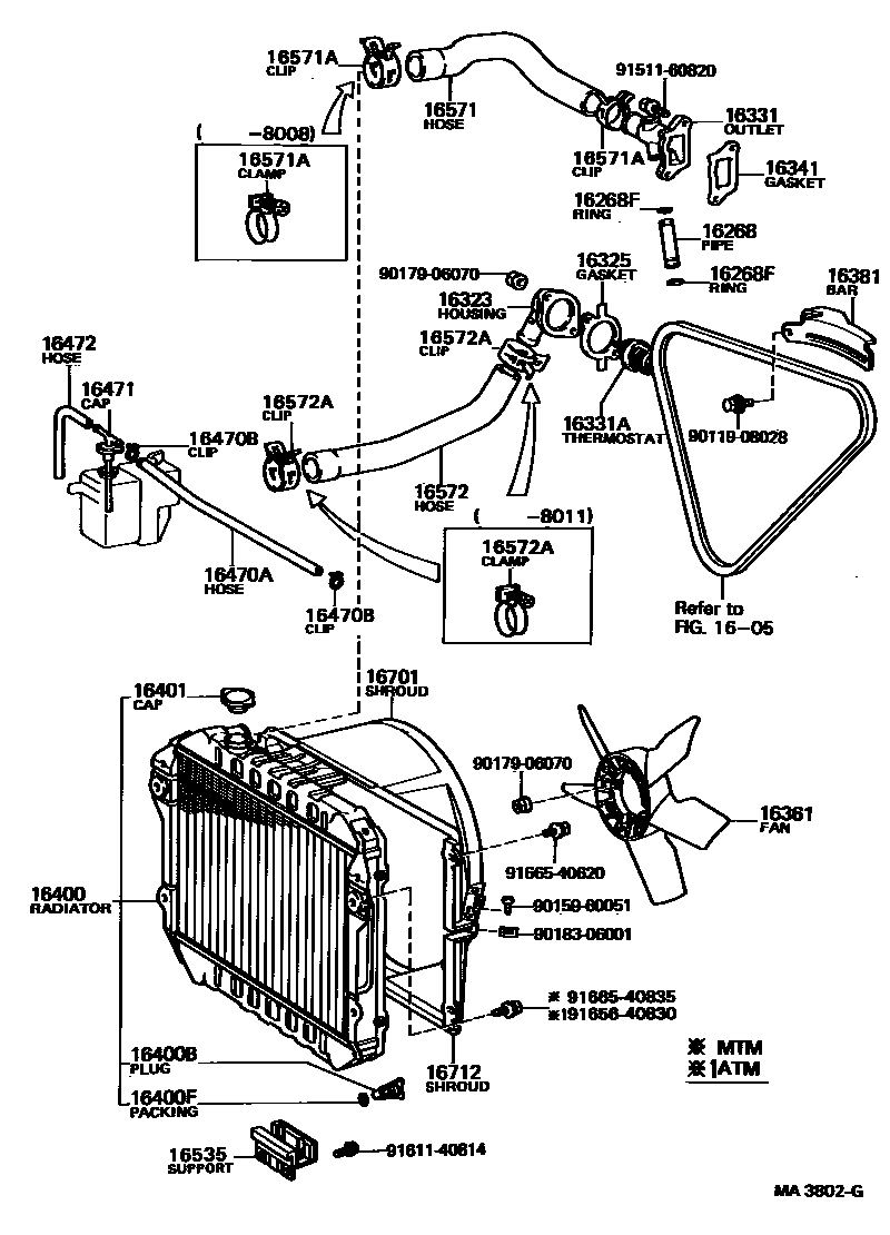 Toyota COROLLA RADIATOR & WATER OUTLET EPC diagram — MA3802G
