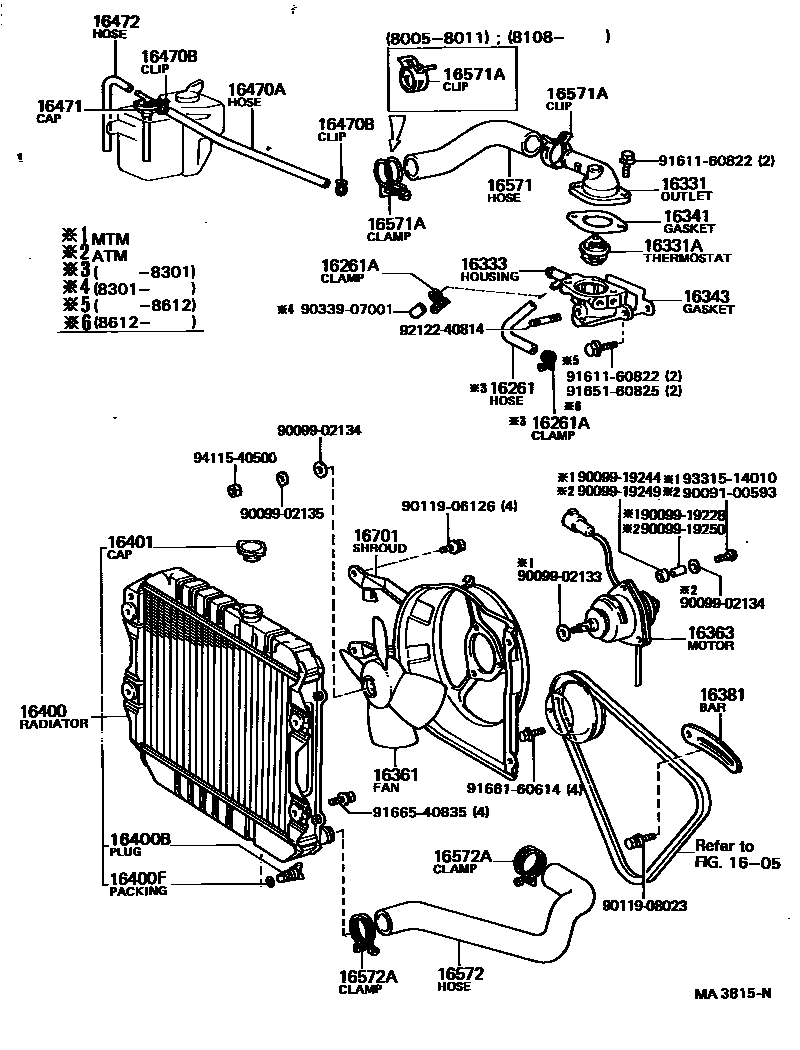Toyota COROLLA RADIATOR & WATER OUTLET EPC diagram — MA3815N