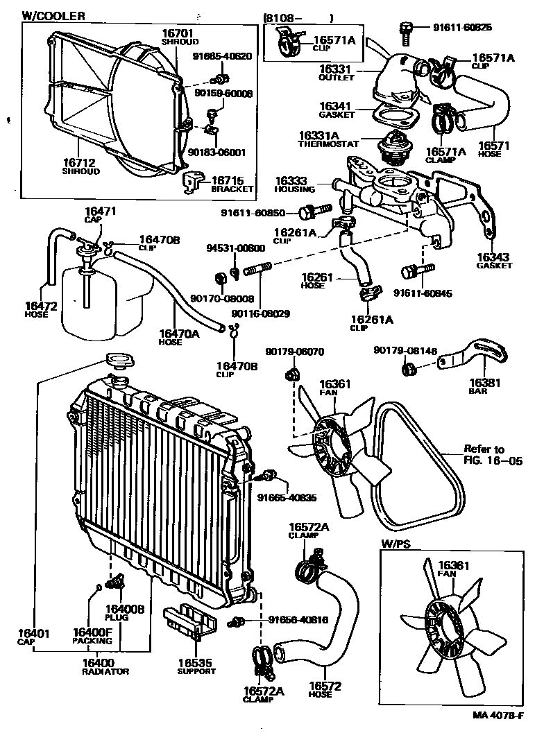 Toyota COROLLA RADIATOR & WATER OUTLET EPC diagram — MA4078F