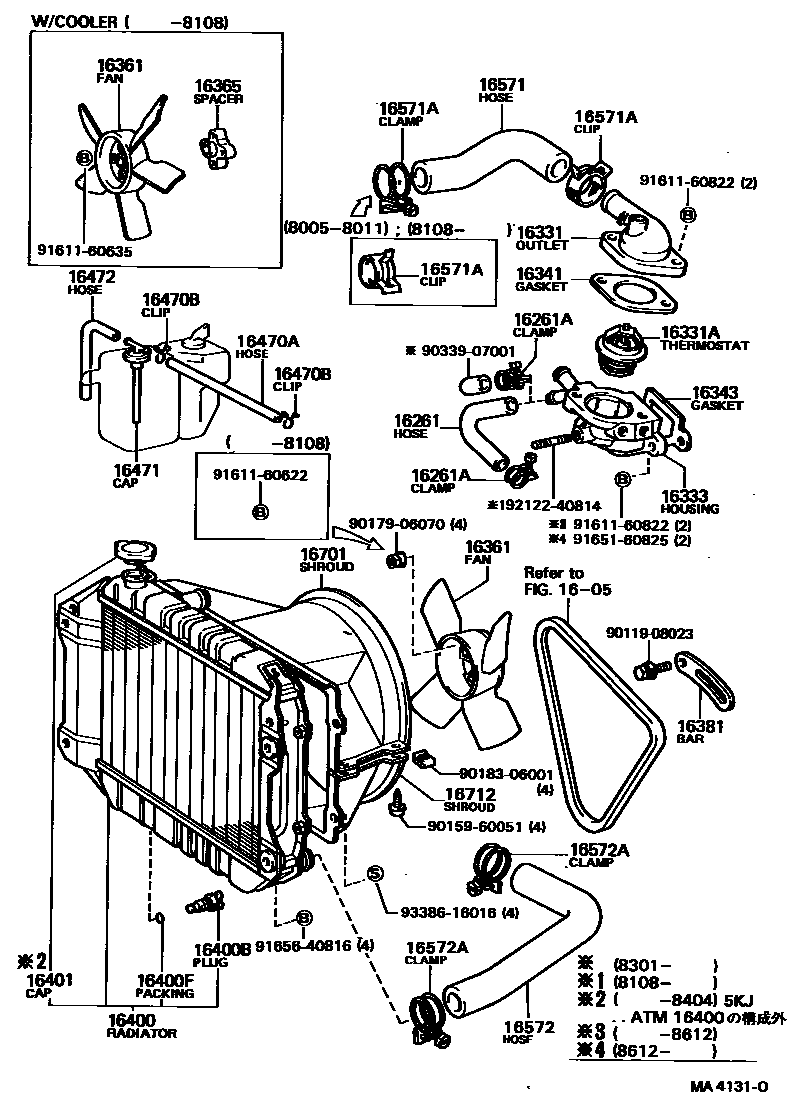 Toyota COROLLA RADIATOR & WATER OUTLET EPC diagram — MA4131O