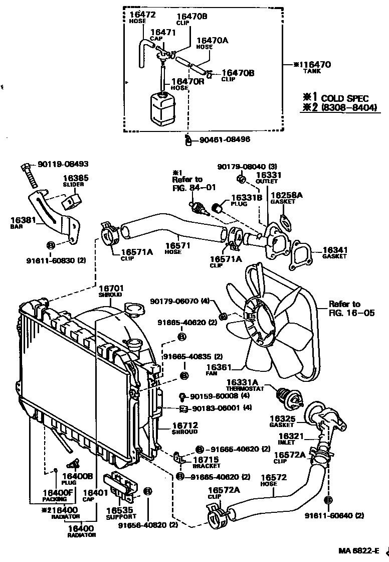 Toyota COROLLA RADIATOR & WATER OUTLET EPC diagram — MA6822E