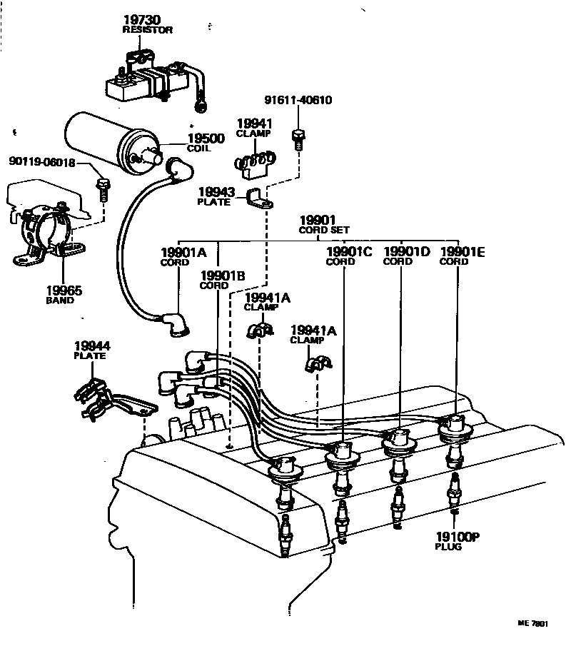 Toyota COROLLA 点火线圈和火花塞 EPC diagram — ME7801