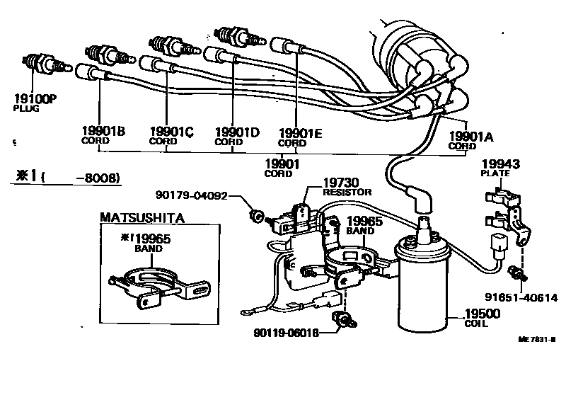 Toyota COROLLA 点火线圈和火花塞 EPC diagram — ME7831B