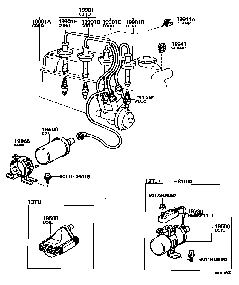 Toyota COROLLA 点火线圈和火花塞 EPC diagram — ME8108A
