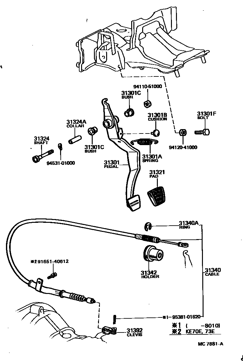 Toyota COROLLA 离合器踏板和挠性软管 EPC diagram — MC7881A