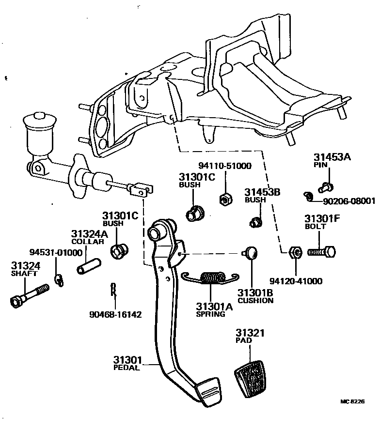 Toyota COROLLA 离合器踏板和挠性软管 EPC diagram — MC8226