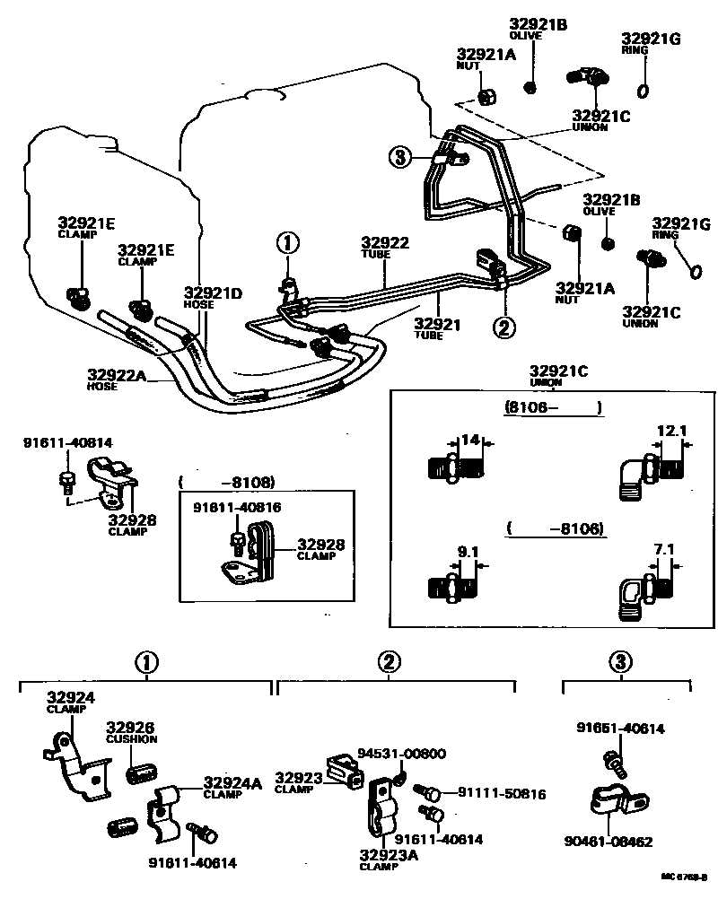 Toyota COROLLA 变速器油冷却器和配管(ATM) EPC diagram — MC6768B