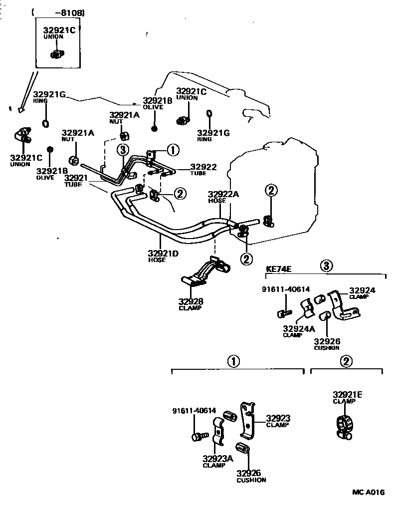 Toyota COROLLA 变速器油冷却器和配管(ATM) EPC diagram — MCA016