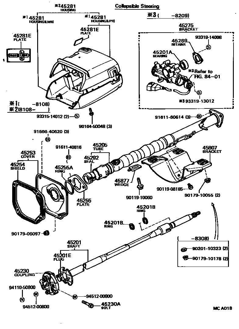 Toyota COROLLA Steering Column & Shaft EPC diagram — MCA018