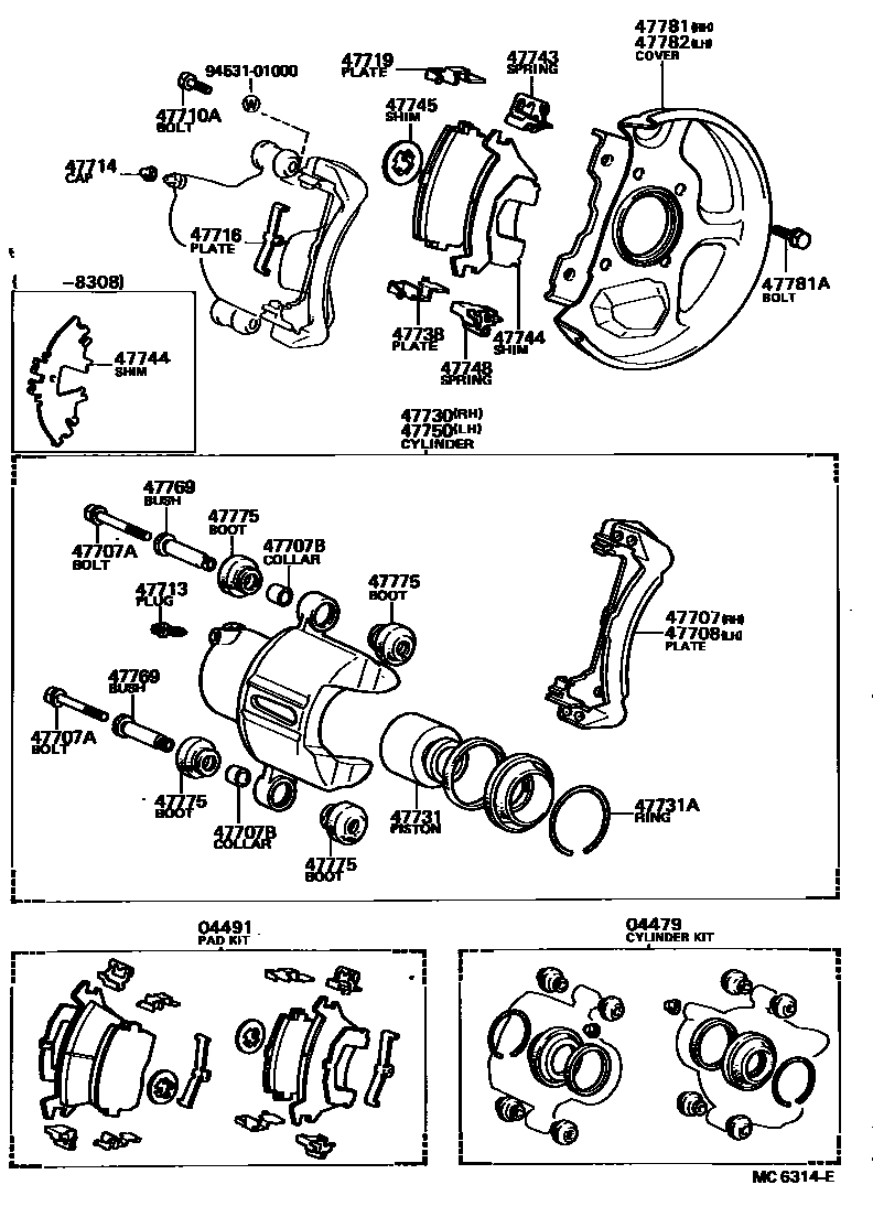 Toyota COROLLA 前盘式制动器卡钳和防尘罩 EPC diagram — MC6314E