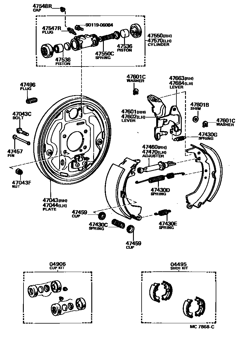 Toyota COROLLA 后鼓式制动器分泵和底板 EPC diagram — MC7868C