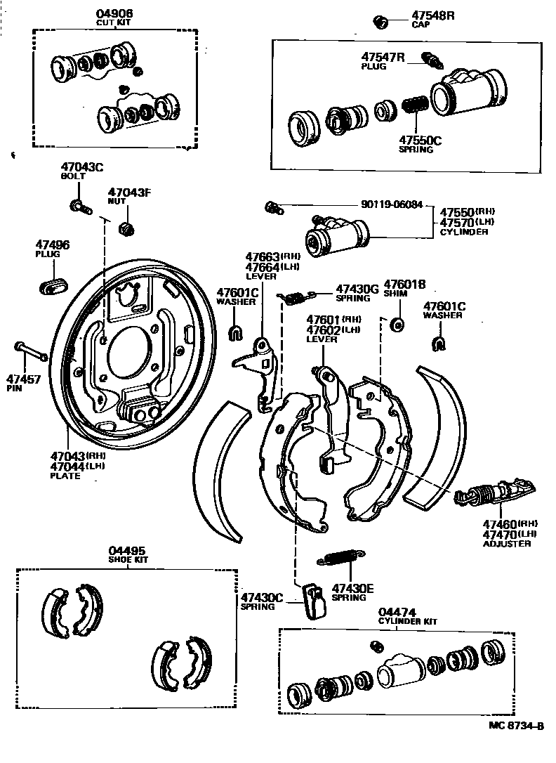 Toyota COROLLA 后鼓式制动器分泵和底板 EPC diagram — MC8734B