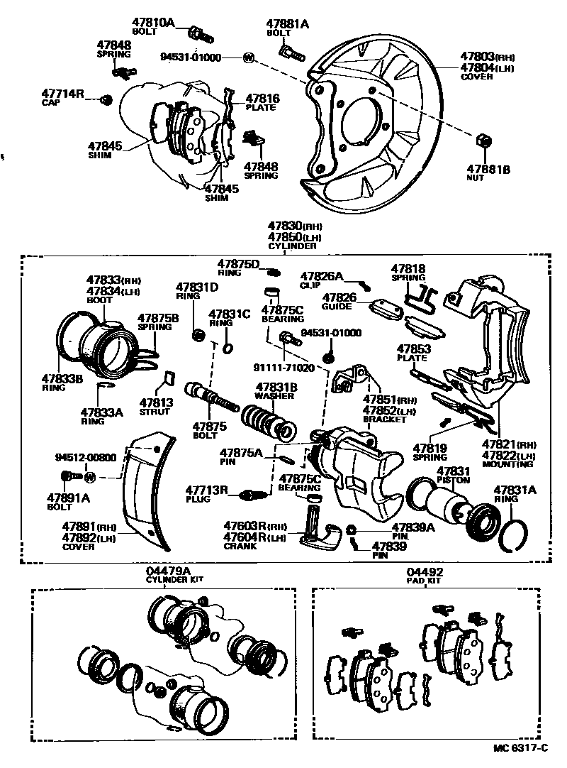 Toyota COROLLA 后盘式制动器卡钳和防尘罩 EPC diagram — MC6317C