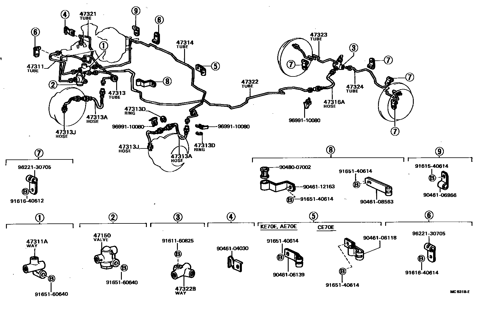Toyota COROLLA 制动配管和卡箍 EPC diagram — MC6318E