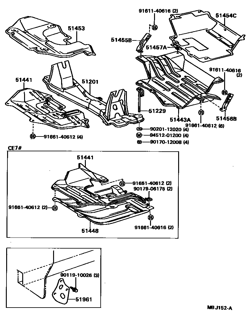 Toyota COROLLA 悬架横梁和发动机底罩 EPC diagram — MBJ152A