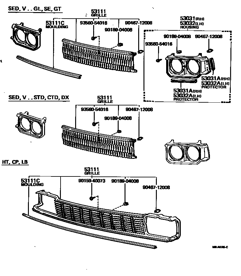 Toyota COROLLA radiator grille EPC diagram — MBA035C
