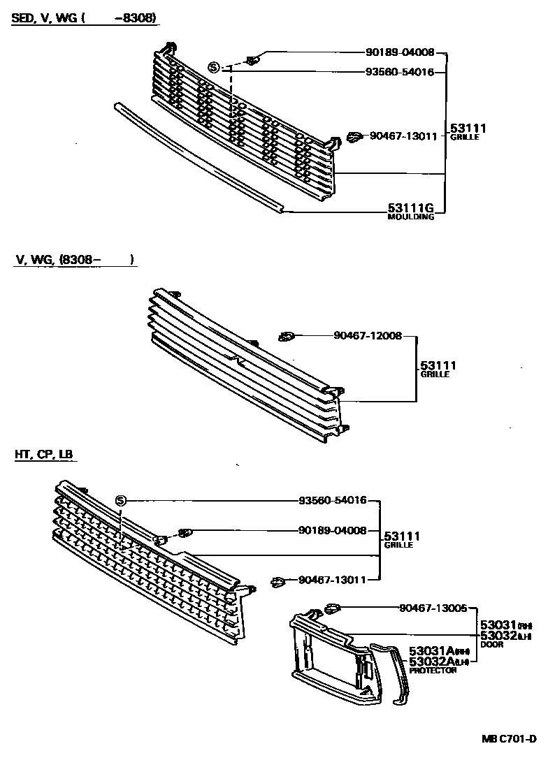 Toyota COROLLA radiator grille EPC diagram — MBC701D