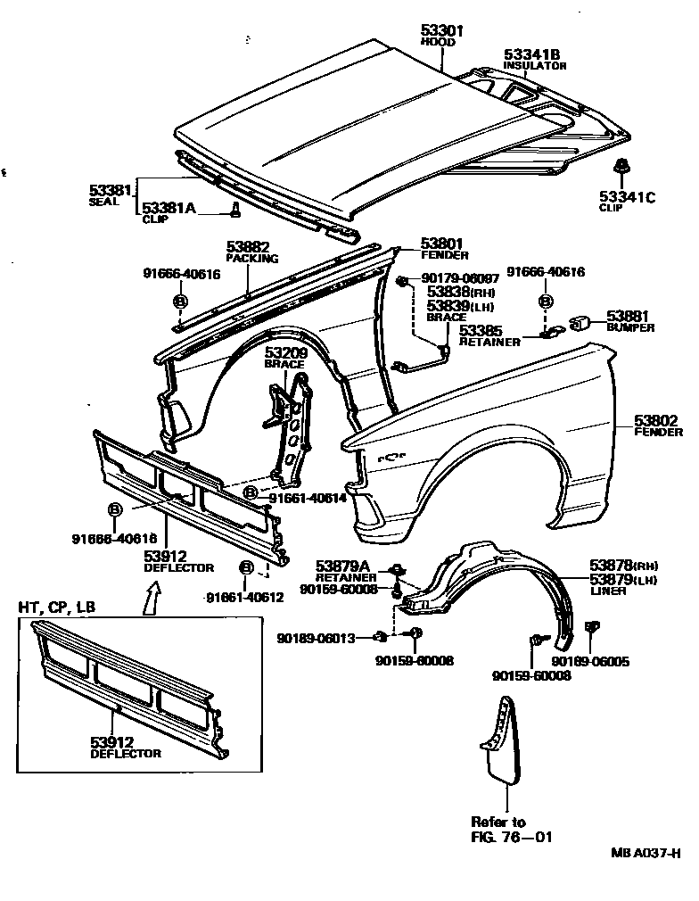 Toyota COROLLA 发动机盖和前翼子板 EPC diagram — MBA037H