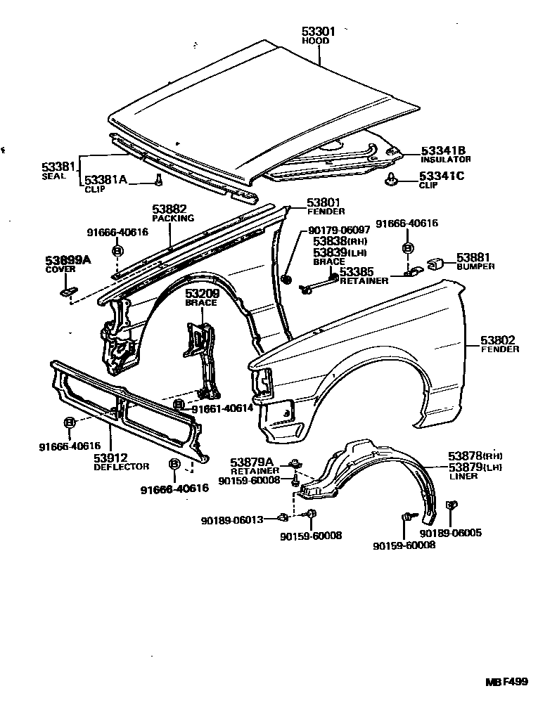 Toyota COROLLA 发动机盖和前翼子板 EPC diagram — MBF499