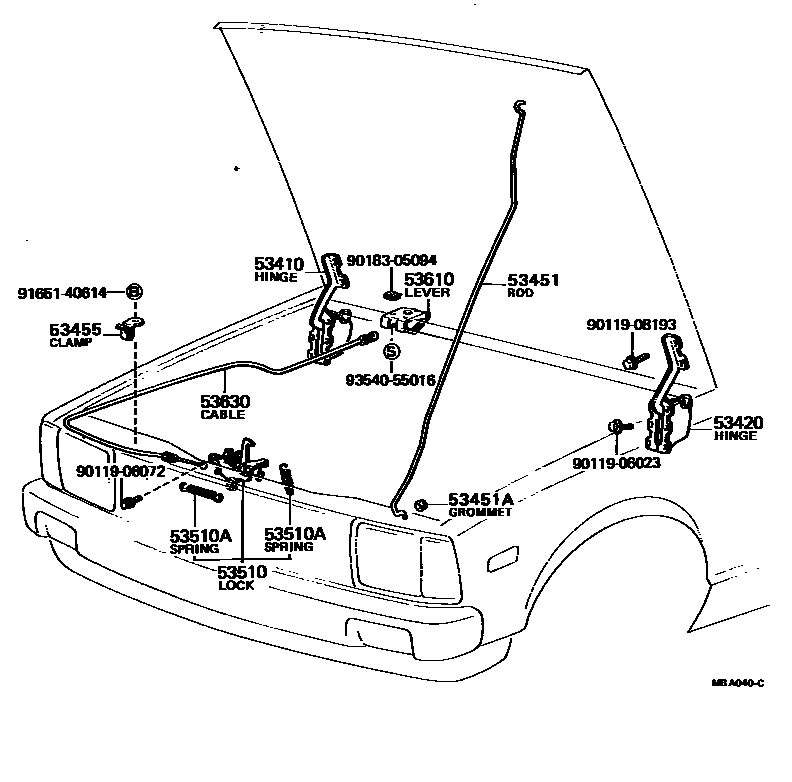 Toyota COROLLA 发动机盖锁和铰链 EPC diagram — MBA040C