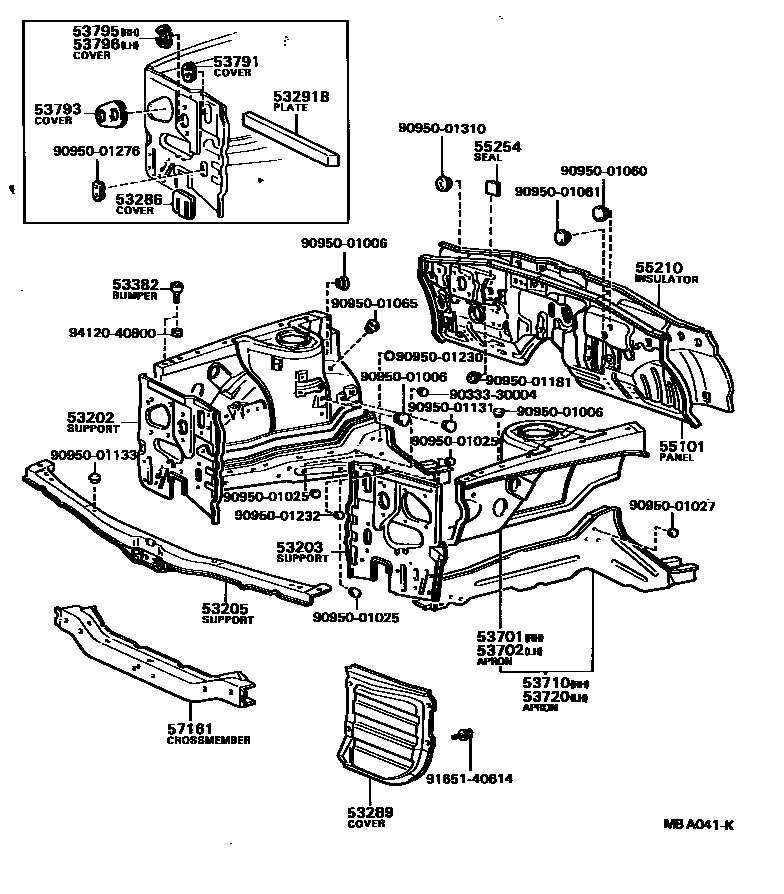 Toyota COROLLA 前翼子板挡泥板和前围板 EPC diagram — MBA041K