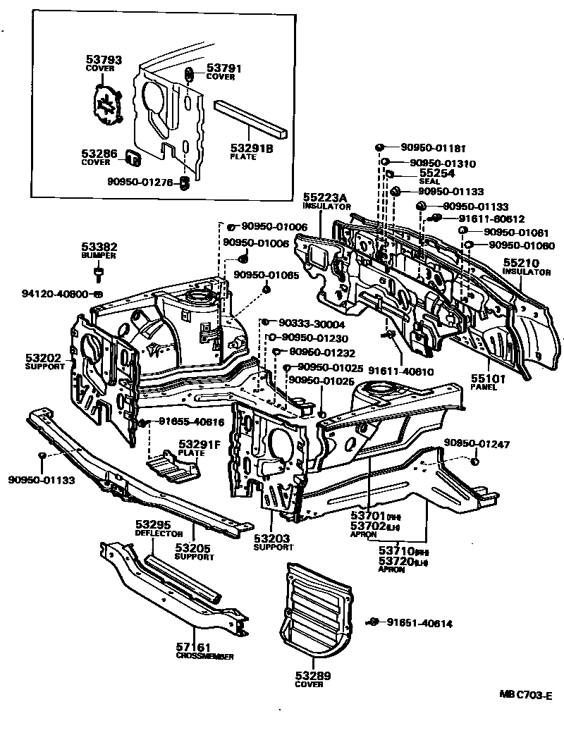 Toyota COROLLA 前翼子板挡泥板和前围板 EPC diagram — MBC703E