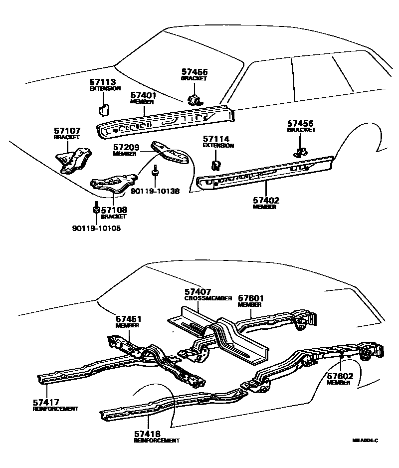 Toyota COROLLA Floor stringers EPC diagram — MBA604C
