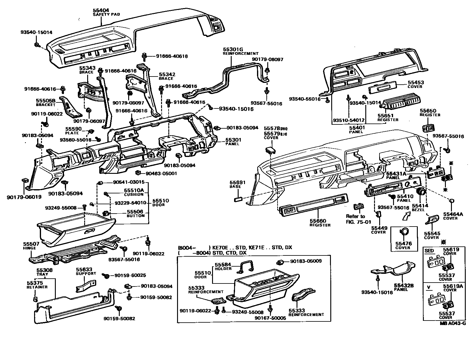 Toyota COROLLA 仪表板和手套箱 EPC diagram — MBA043G