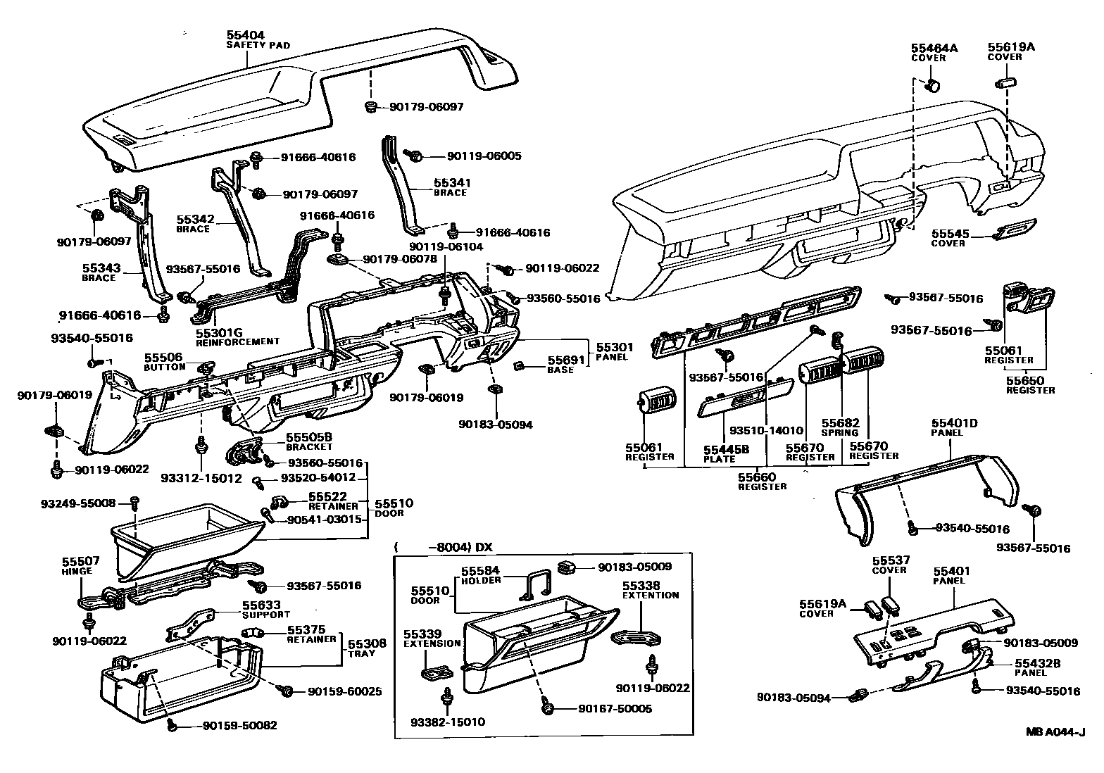 Toyota COROLLA 仪表板和手套箱 EPC diagram — MBA044J