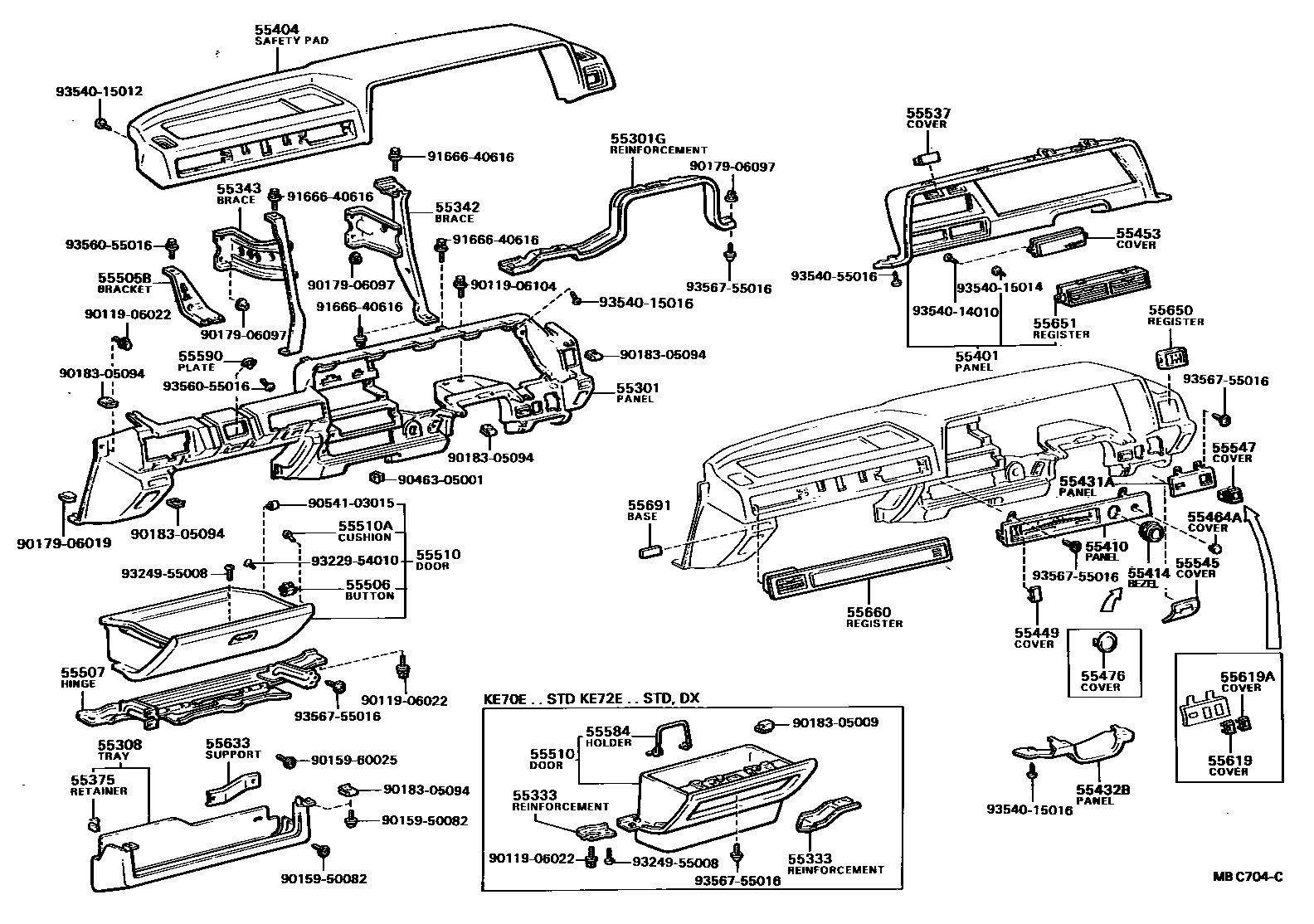 Toyota COROLLA 仪表板和手套箱 EPC diagram — MBC704C