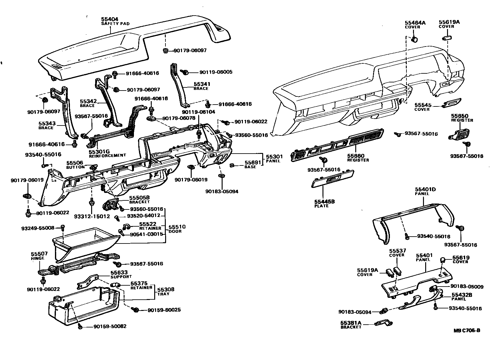 Toyota COROLLA 仪表板和手套箱 EPC diagram — MBC705B