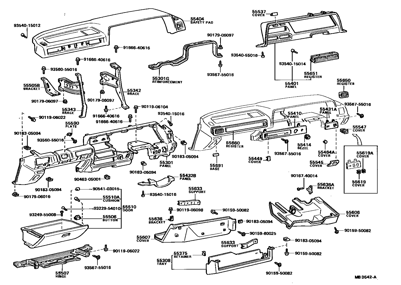 Toyota COROLLA 仪表板和手套箱 EPC diagram — MBD542A