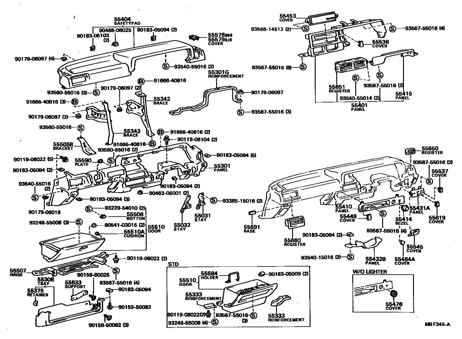 Toyota COROLLA 仪表板和手套箱 EPC diagram — MBF345A