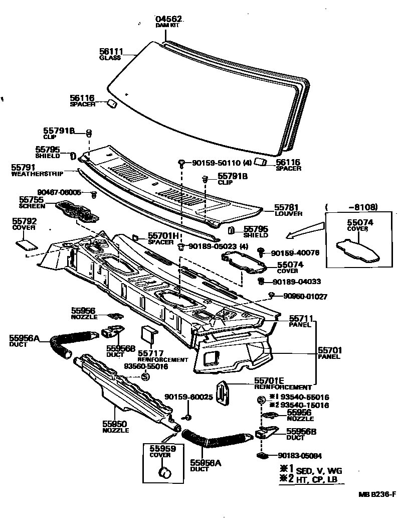 Toyota COROLLA 前围板和挡风玻璃 EPC diagram — MBB236F