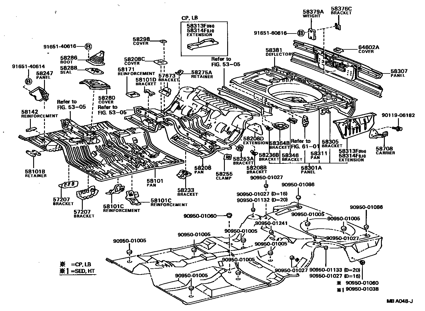 Toyota COROLLA 浅盘形地板和车身下背板 EPC diagram — MBA048J