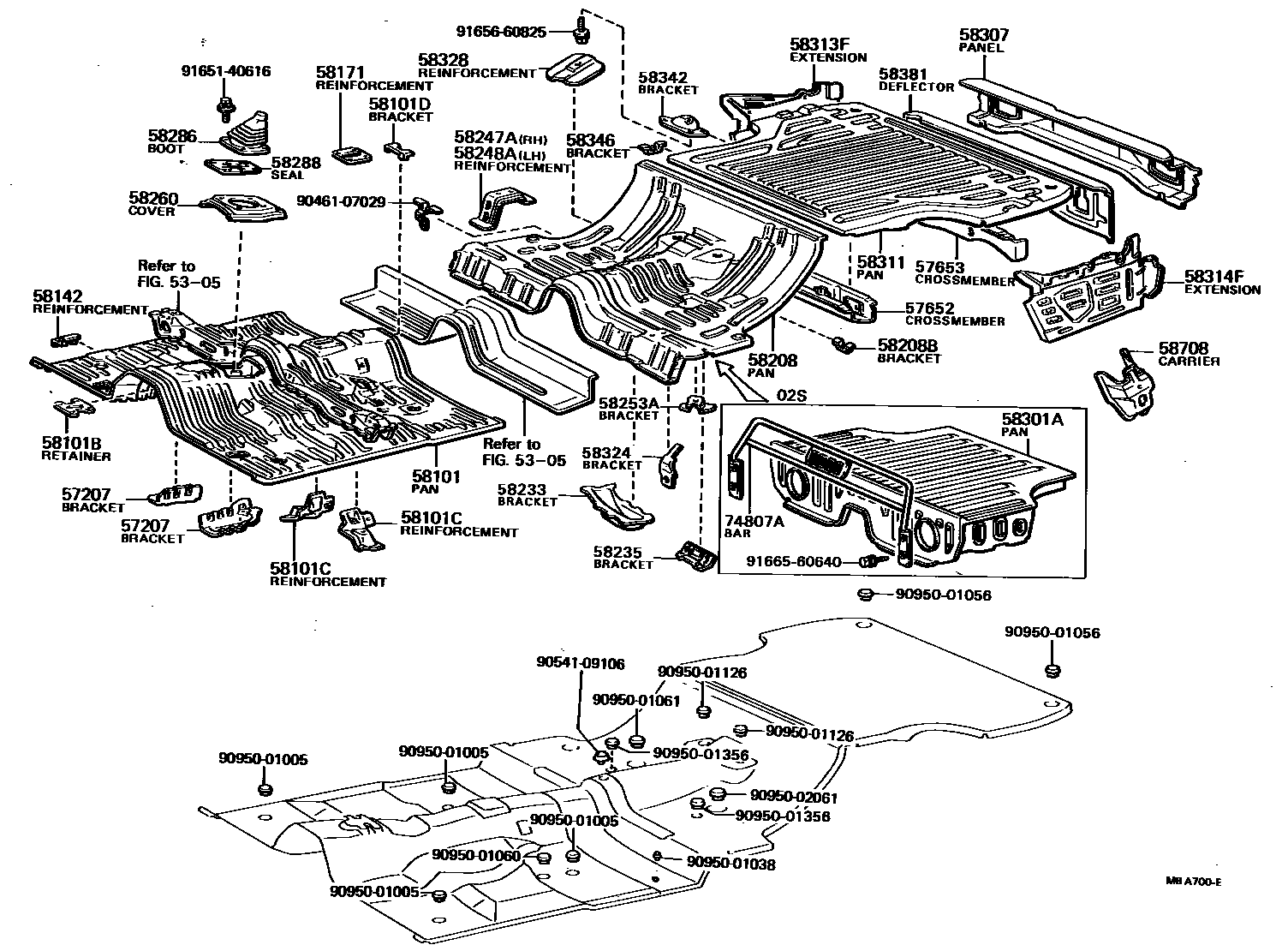 Toyota COROLLA 浅盘形地板和车身下背板 EPC diagram — MBA700E