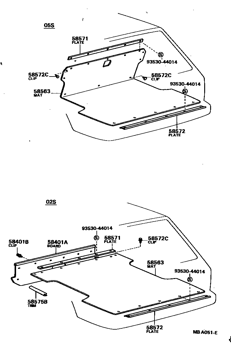 Toyota COROLLA 地板垫和地毯 EPC diagram — MBA051E