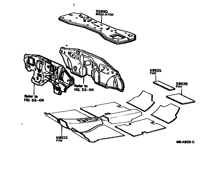 Toyota COROLLA 前围板消声板和地板消声垫 EPC diagram — MBA929C