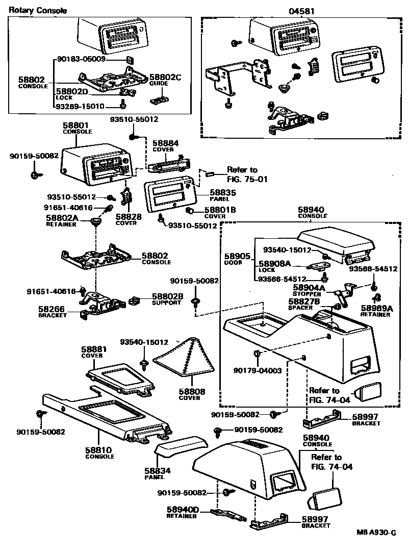 Toyota COROLLA 中央扶手箱和支架 EPC diagram — MBA930G