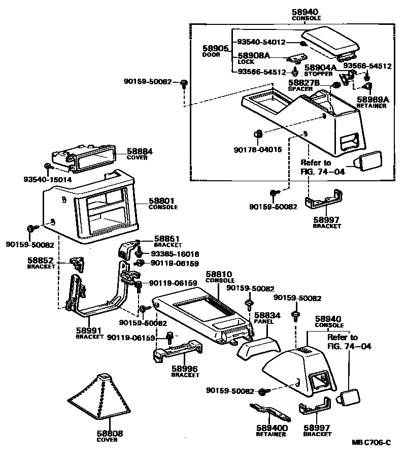 Toyota COROLLA 中央扶手箱和支架 EPC diagram — MBC706C