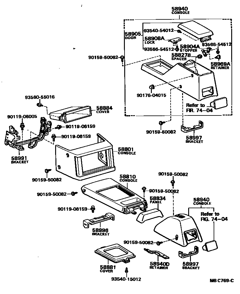 Toyota COROLLA 中央扶手箱和支架 EPC diagram — MBC769C