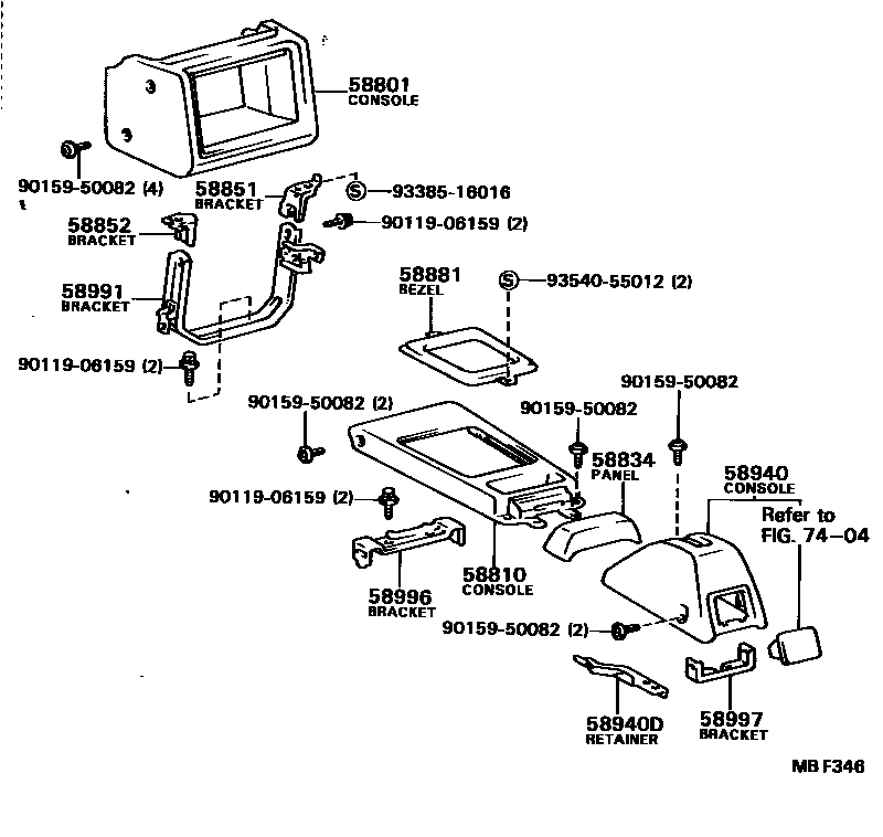 Toyota COROLLA 中央扶手箱和支架 EPC diagram — MBF346