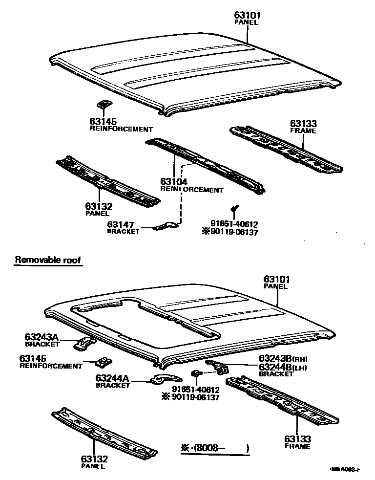 Toyota COROLLA 天窗板和背窗玻璃 EPC diagram — MBA063F