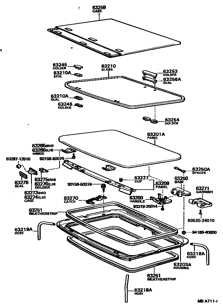 Toyota COROLLA 天窗板和背窗玻璃 EPC diagram — MBA711I
