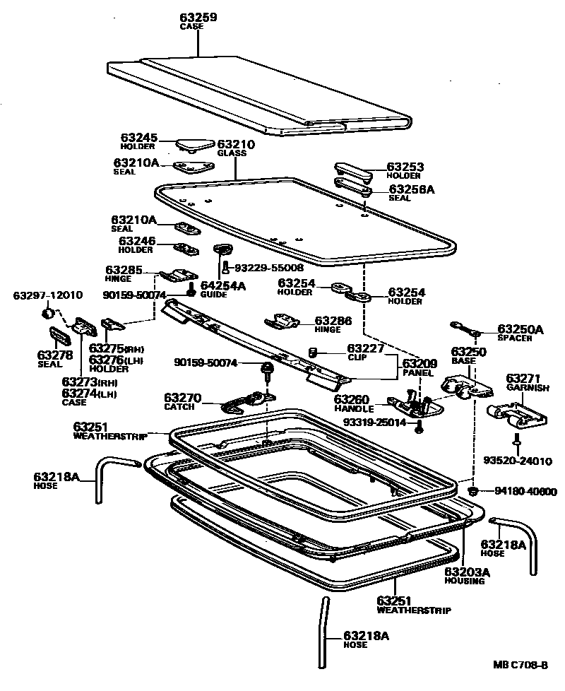 Toyota COROLLA 天窗板和背窗玻璃 EPC diagram — MBC708B