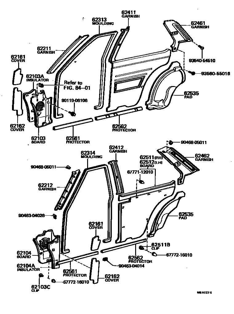 Toyota COROLLA 内饰板和车门防水胶条 EPC diagram — MBA127E